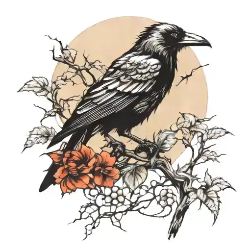 Moonlight Shining On A Crow Perched On Vine With Thorns