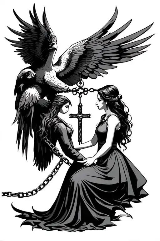 Mother And Daughter Holding Eachother And Above Them Is A Pheonix Holidng A Chain With A Cross