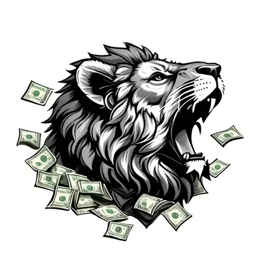 Lion With Mouth Open Surrounded With Money