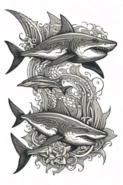 An Intricate Design Featuring A Shark And A Stingray Swimming Together In A Dynamic Pose