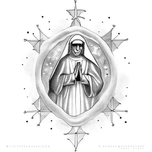 Catholic Nun Praying Looking Right Toward A Cluster Of Stars