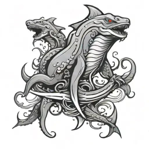 Kraken Surrounded By Sharks Swimming