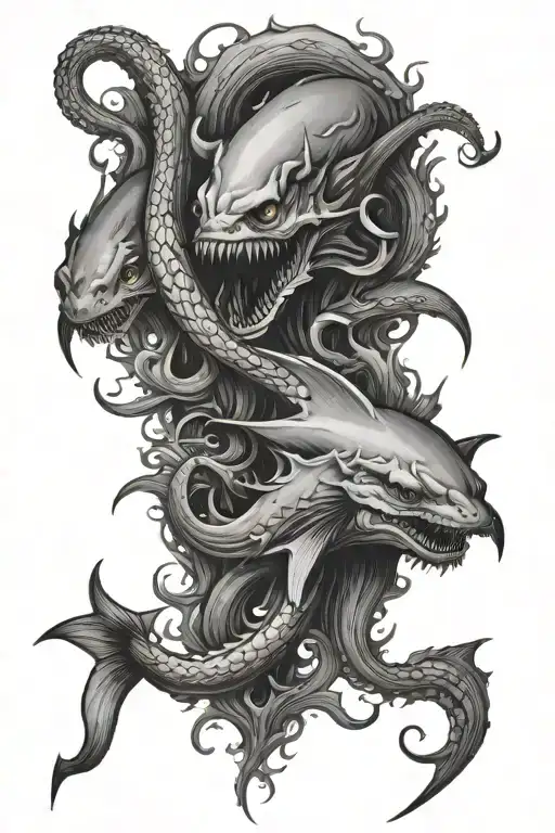 Kraken Surrounded By Sharks Swimming