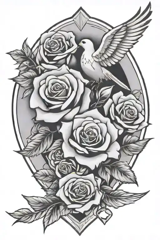 Diamond With Roses And Doves Flying