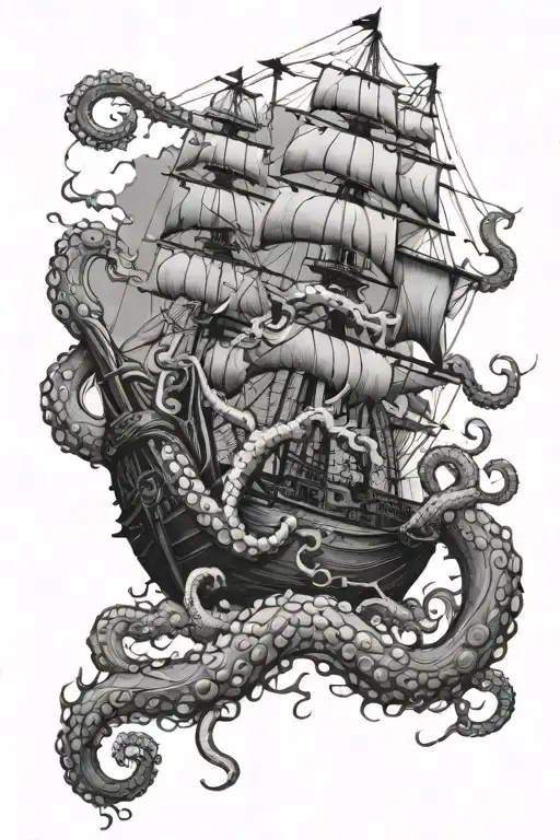 Huge Kraken With Tentacles Wrapped Around A Ship