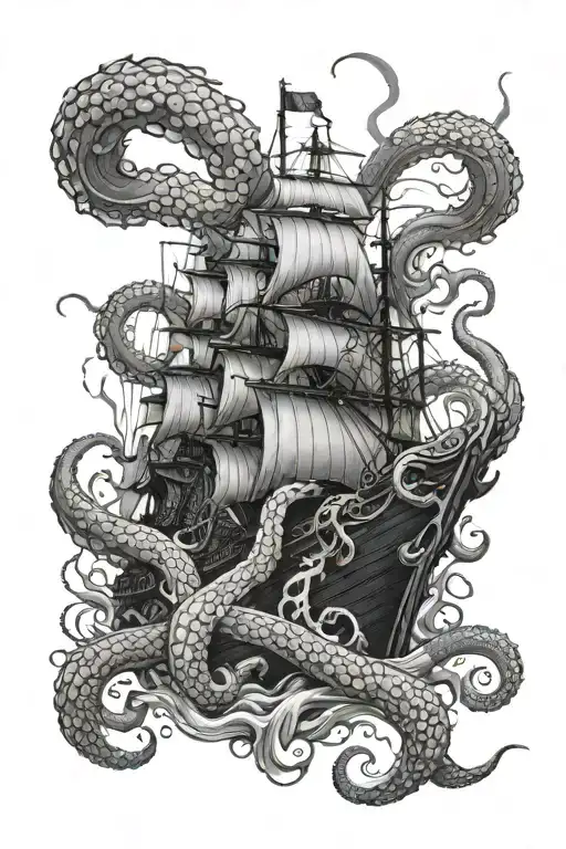 Huge Kraken With Tentacles Wrapped Around A Ship