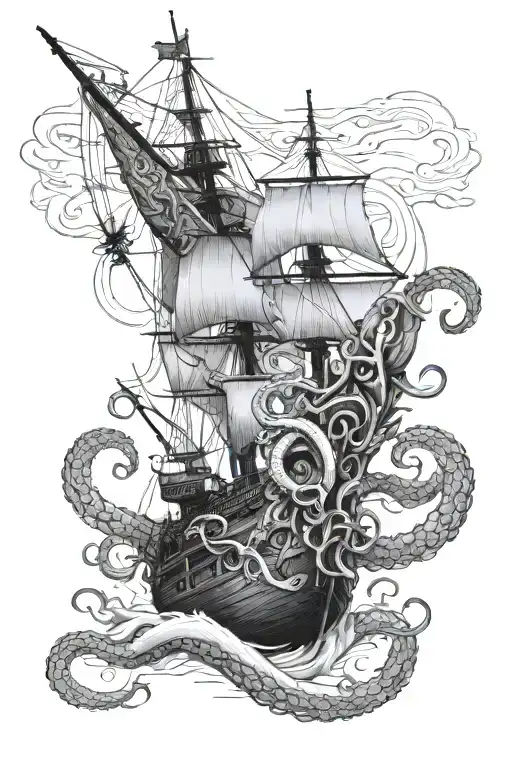 Huge Kraken With Tentacles Wrapped Around A Ship