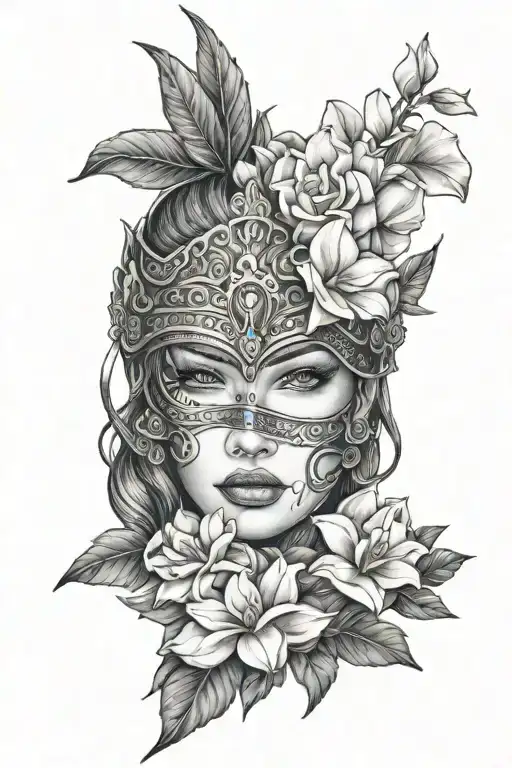 Female Warrior Face With Gardenias And Magnolias Dark Realism