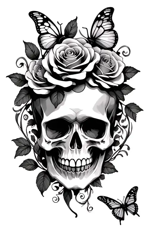 Scary Skull Roses And Butterflies Forming The Shape