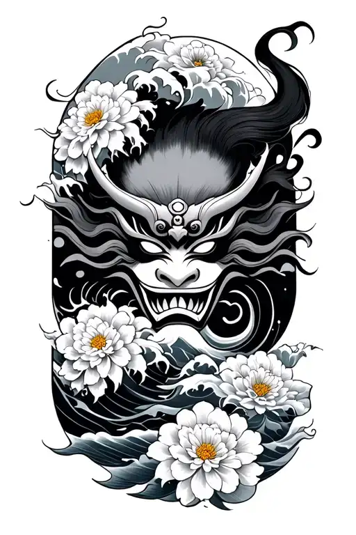Japanese Arm Sleeve Wind And Waves With Oni Mask And Chrysanthemum