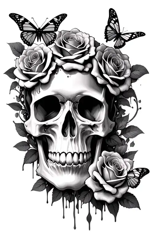 Melting Skull Roses And Butterflies Forming The Shape