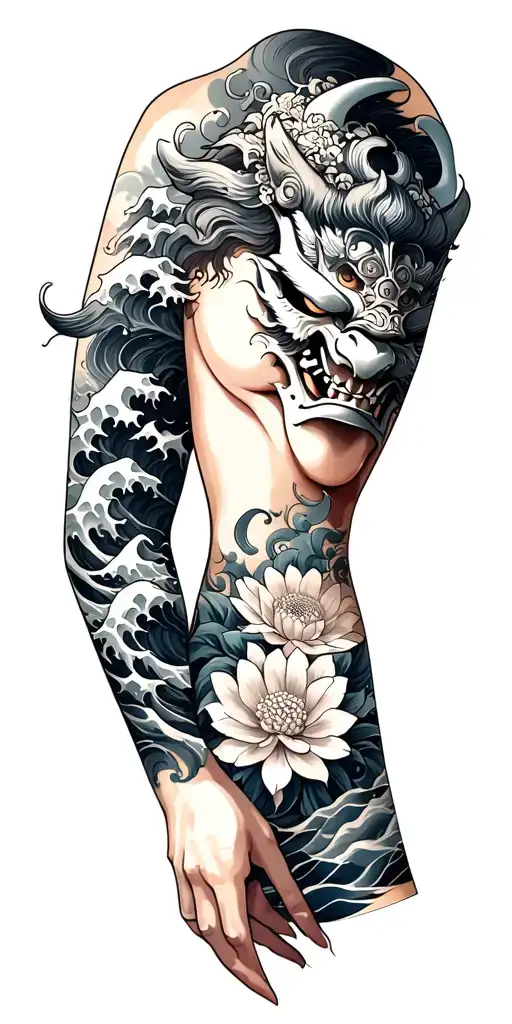 Japanese Arm Sleeve Wind And Waves With Oni Mask And Chrysanthemum