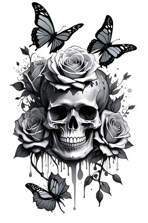 Melting Skull Roses And Butterflies Surrounding