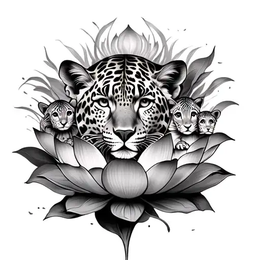 Female Leopard With Their Three Children In Front And Around A Lotus Flower