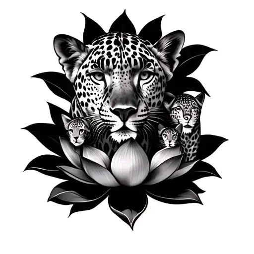 Female Leopard With Their Three Children In Front And Around A Lotus Flower