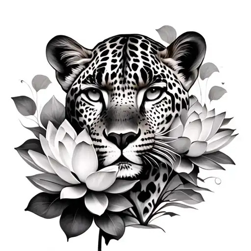 Female Leopard With Their Three Realistic Children And Around A Lotus Flower