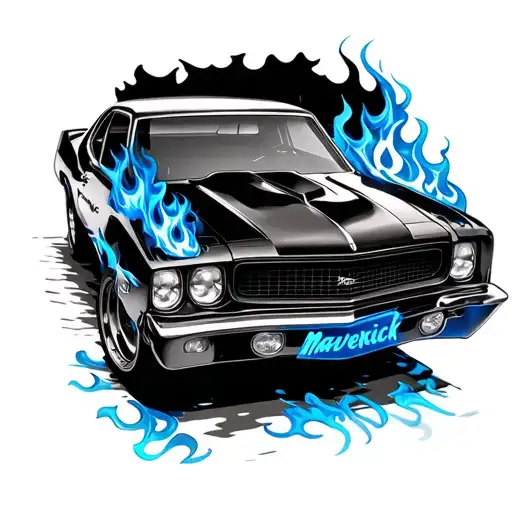 Car With Blue Flames With Maverick Written On The Side