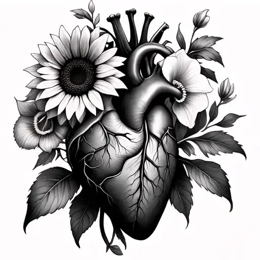 Anatomical Heart With Sunflower And Orchid Flowers