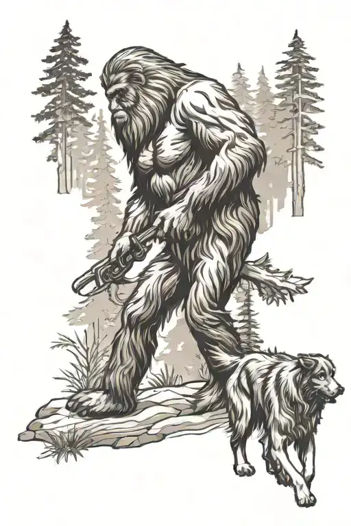 Bigfoot Walking With An Australian Shepherd In The Forest