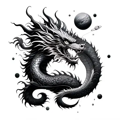 Chinese Dragon And Planets Orbiting