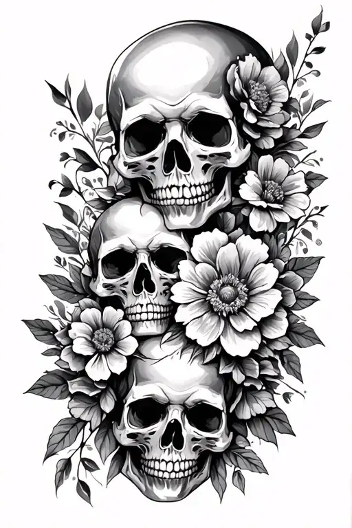 Full Sleeve Tattoo With Flowers And Many Little Skulls