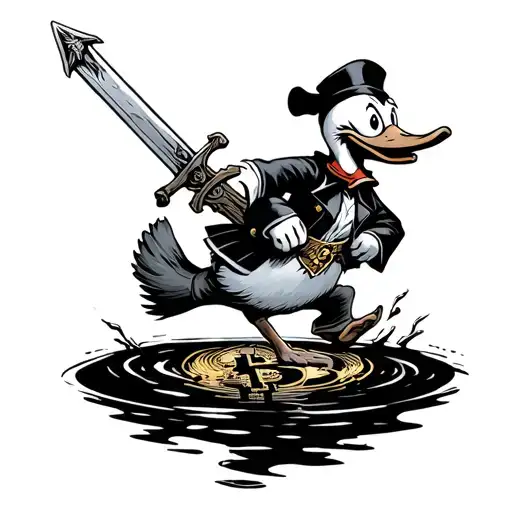 Scrooge Duck Jumping Into Pond Of Bitcoin Symbol And Sword