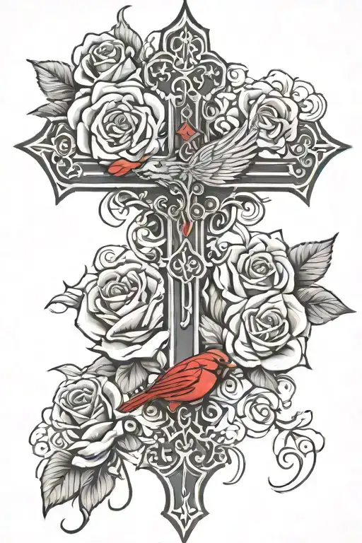 Cross With A Cardinal And Roses Blooming