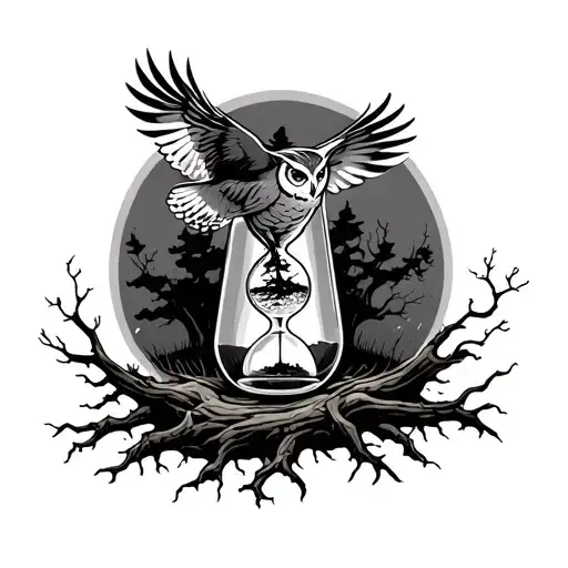 Owl Flying In To Pick Up An Hour Glass Made Of Tree Roots With A Tree Inside