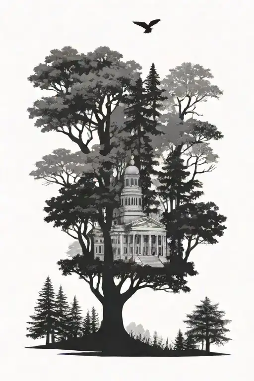 A Courthouse Silhouette Surrounded By A Forest Of Trees