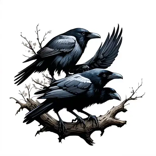 2 Black Raven - One Flying One On A Branch Representing