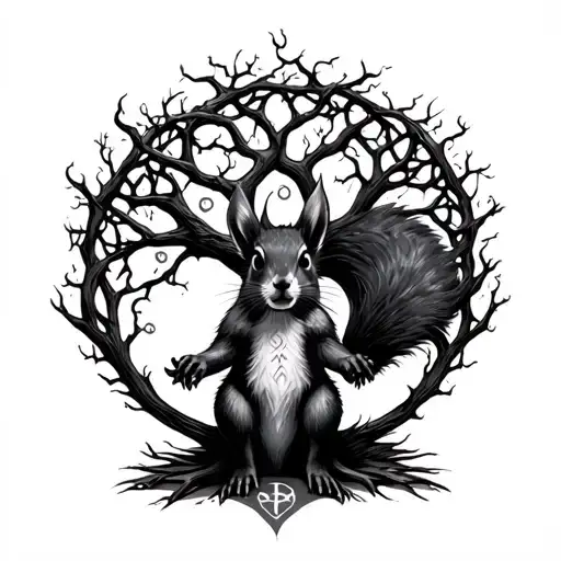 Ratatoskr In Front Of Yggdrasil With Runes