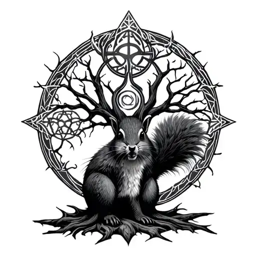 Ratatoskr In Front Of Yggdrasil With Vegvisir Symbol