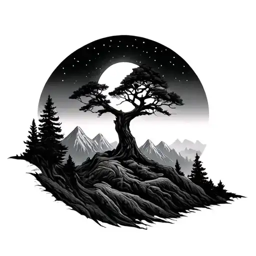 Tree With Moon And Mountains