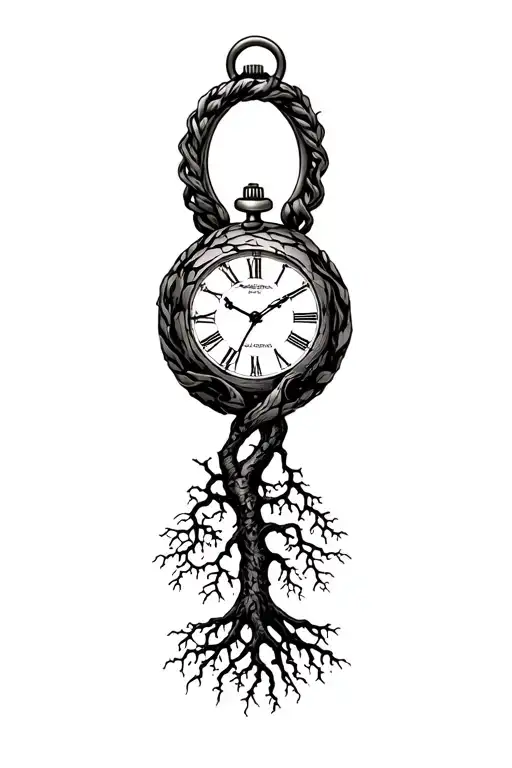 Tree Of Life Intertwined With Roots That Wrap Around And Go Into A Cracked Pocket Watch