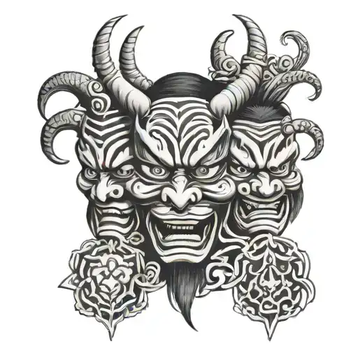 A Kabuki Mask With The Hear No Evil Speak No Evil See No Evil Monkeys Incorporated Into The Design