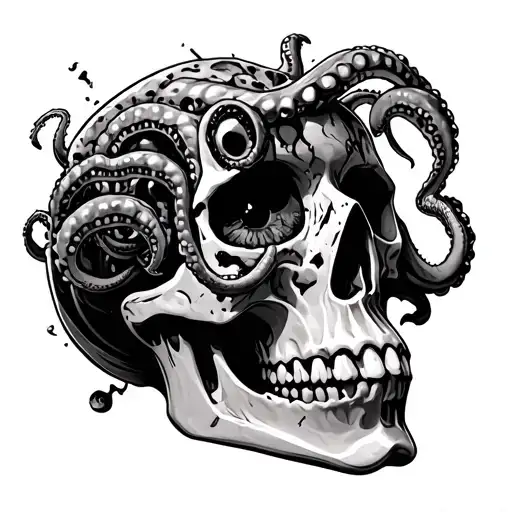 Skull Crushed By Octopus Tentacles Coming Out Of The Eye Sockets And Cracks On The Skull