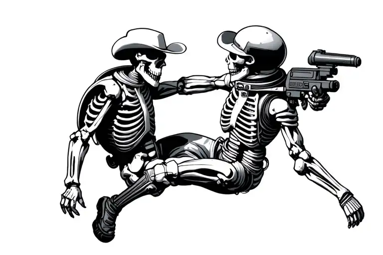 Cowboy Skeleton Fighting An Astronaut Floating
