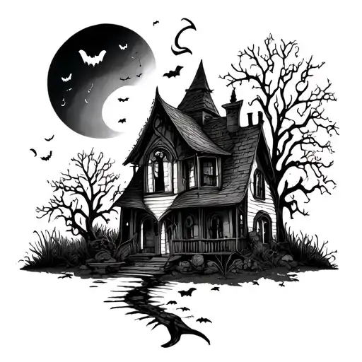 House Outline With Spooky Or Whimsical Elements Incorporated- Outline