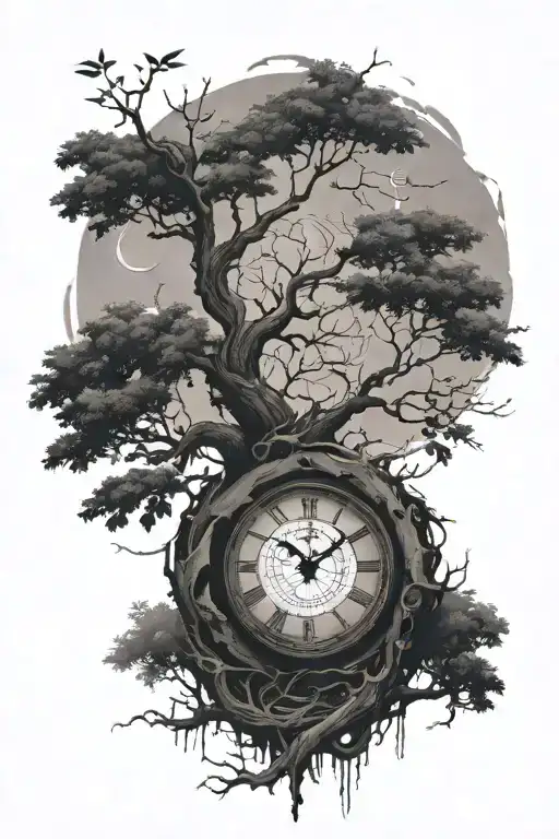 A Broken Clock In A Bodhi Tree Surrounded By Enso Circle