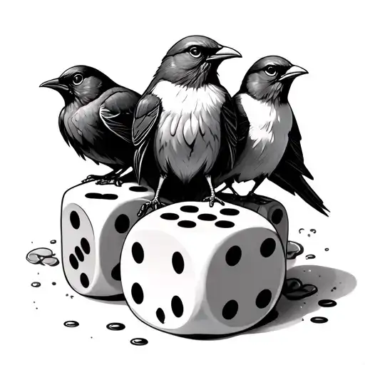 Three Birds Sitting On A Pile Of Dripping Dice