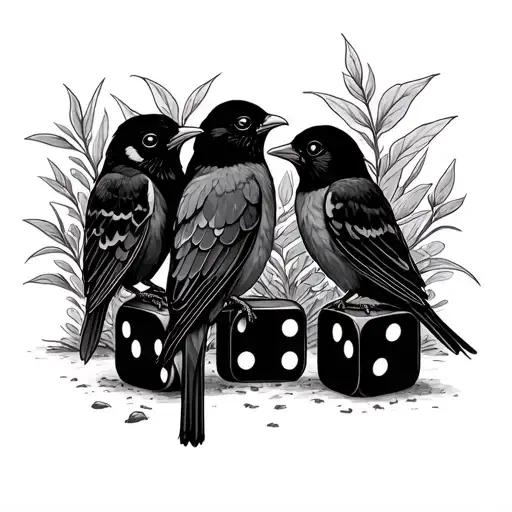 Three Birds On A Dice With Plants In The Background