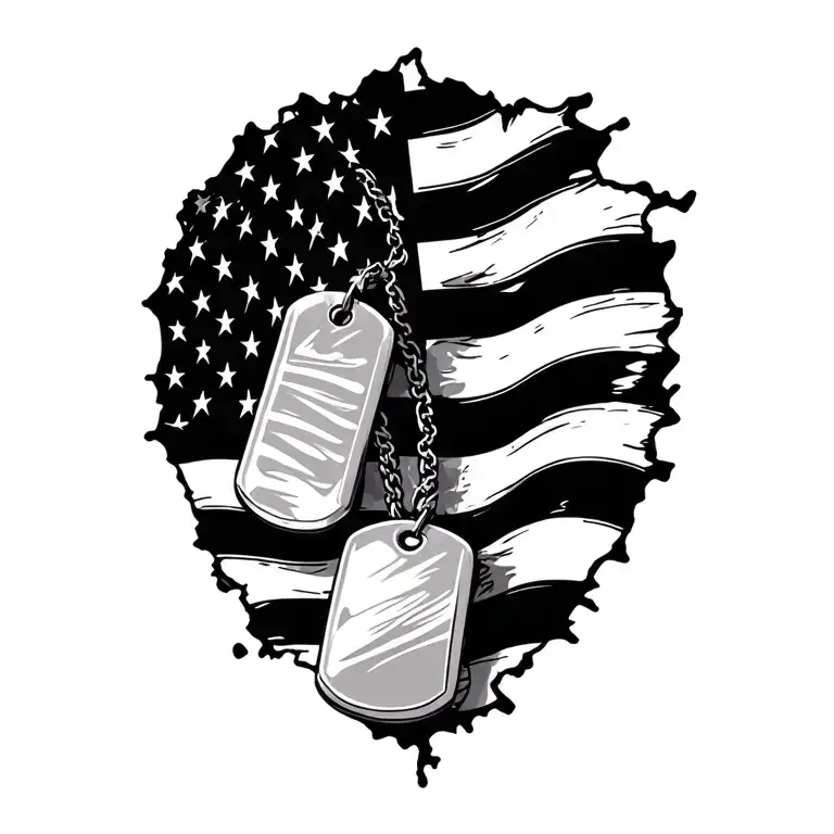 Tattered American Flag With A Pair Of Dog Tags Intertwined