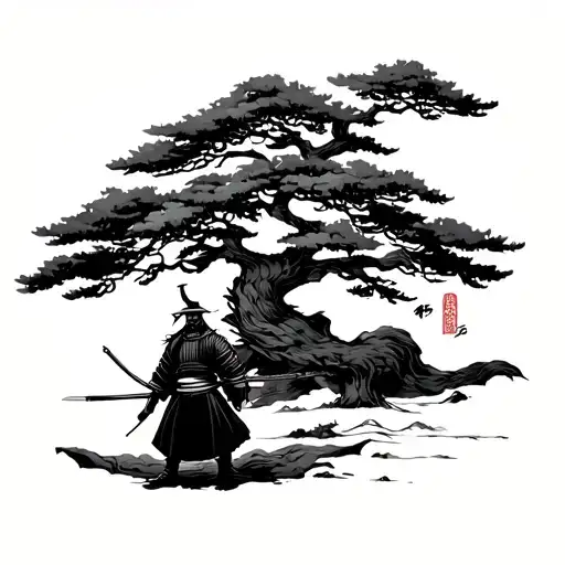 Samurai Standing Under Japanese Tree