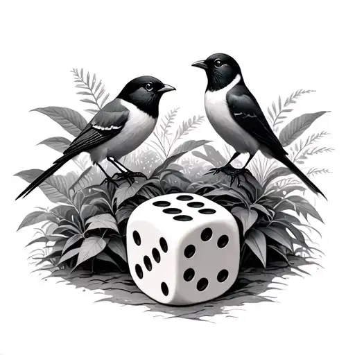 Three Birds On A Dice With Plants In The Background