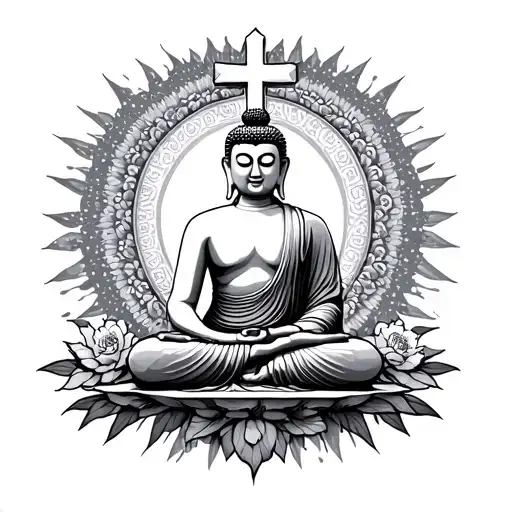 Cross Behind A Seated Buddha Meditating