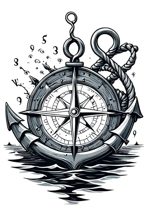 Compass And Anchor Surrounded By Water