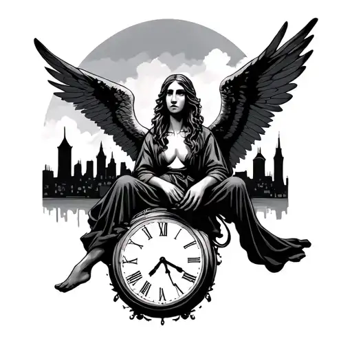 Fallen Angel Seated On Clock With Silhouette Of Town