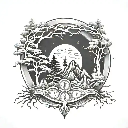 5 Trees With Mountain And Clock As A Moon Surrounded