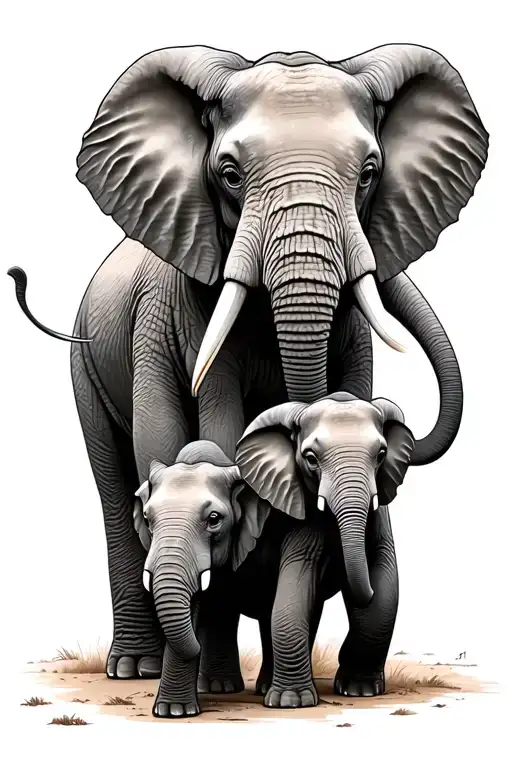 Mother Elephant And Her Two Baby Elephants Walking Togther