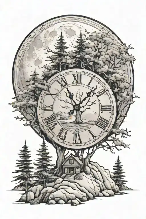 5 Trees With A Mountain In The Backgrond And A Clock As The Moon